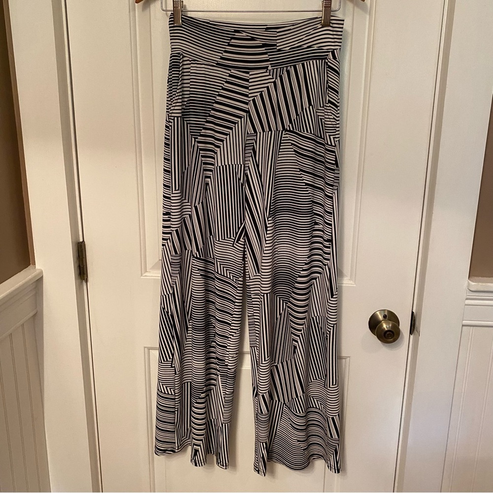 CLARA SUN WOO PANTS BLACK WHITE GEOMETRIC PATTERN WIDE LEG POCKETS SIZE S